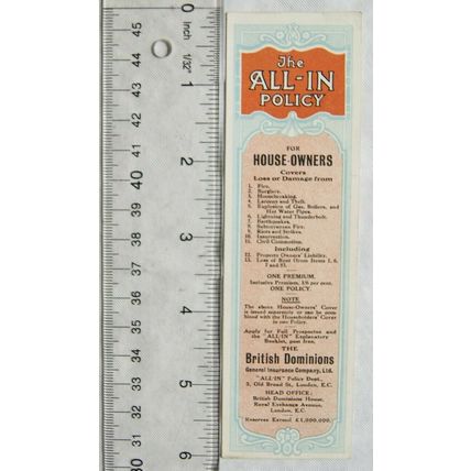 Vintage bookmark - All-in Policy, British Dominions General Insurance