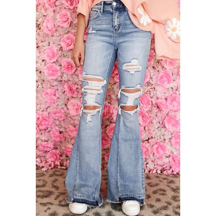 Sky Blue Light Wash Distressed High Rise Flare Jeans
