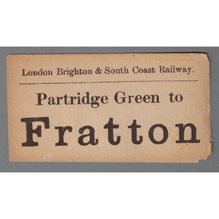 LONDON BRIGHTON & SOUTH COAST RLY LUGGAGE LABEL- PARTRIDGE GREEN to FRATTON