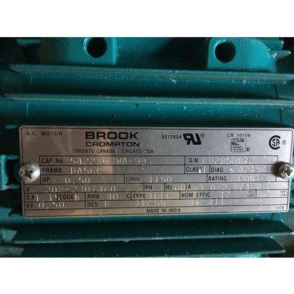 NEW BROOK CROMPTON 5422303WA-99 MOTOR,1/2 HP 3PH,208-230/460V,RPM 115,BS