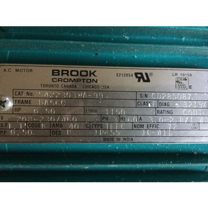 NEW BROOK CROMPTON 5422303WA-99 MOTOR,1/2 HP 3PH,208-230/460V,RPM 115,BS