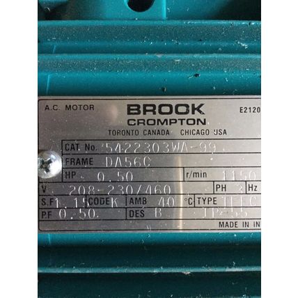NEW BROOK CROMPTON 5422303WA-99 MOTOR,1/2 HP 3PH,208-230/460V,RPM 115,BS