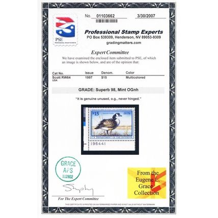 RW64, Mint NH Superb $15 Duck Stamp - PSE Graded 98 * Stuart Katz