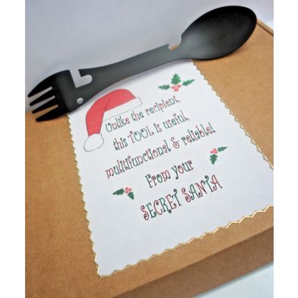 SECRET SANTA CHRISTMAS GIFT 5 IN ONE SPORK BOTTLE CAN OPENER WITH FUNNY GIFT BOX