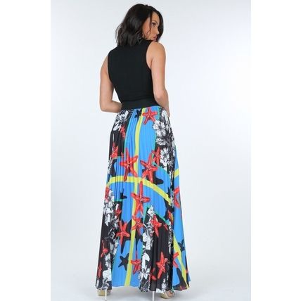 Women's Pleated Print Maxi Skirt With Leather Waist Band