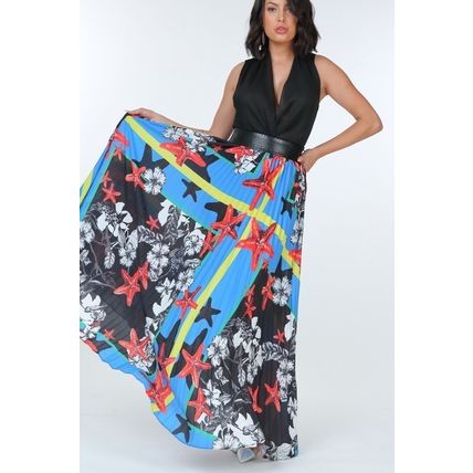 Women's Pleated Print Maxi Skirt With Leather Waist Band