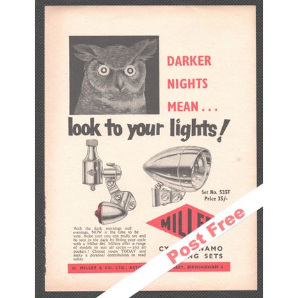 Miller Ltd of Birmingham BICYCLE DYNAMO LIGTH SET Original Vintage 1958 Advert