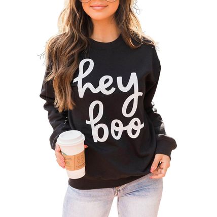 Black Hey Boo Letter Print Long Sleeve Pullover Sweatshirt