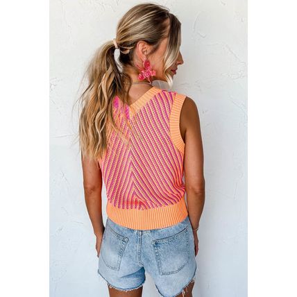 Strawberry Pink Contrast Chevron Knit V Neck Sweater Vest
