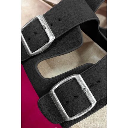 Black Suede Buckle Decor Footbed Sandal Slippers