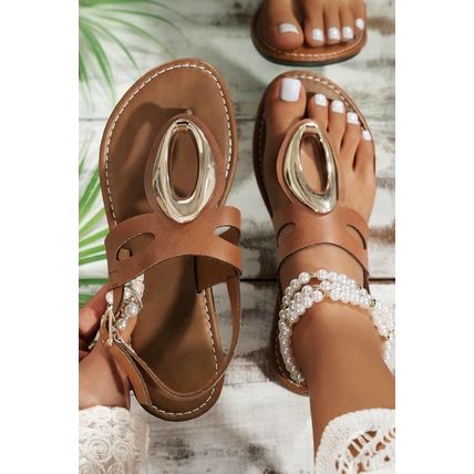 Camel Retro Hollow Out Open Toe Leather Sandals