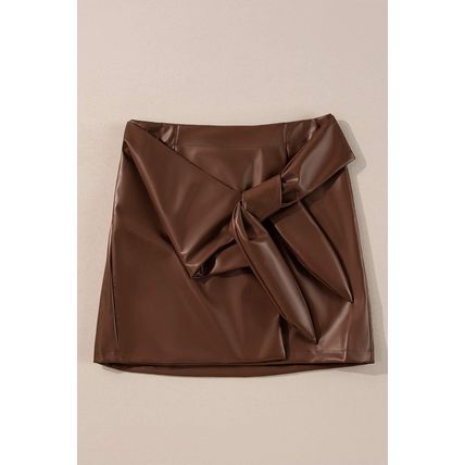 Coffee Bowknot Faux Leather Mini Skirt