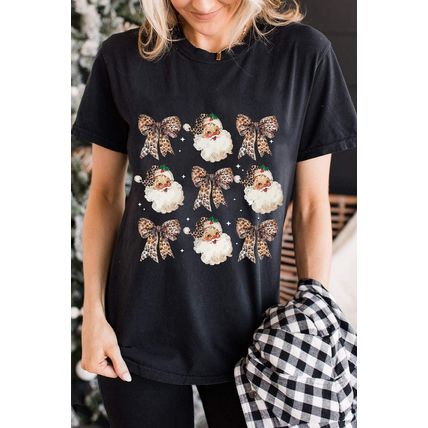 Black Santa Claus Leopard Bow Print Crew Neck Casual T Shirt