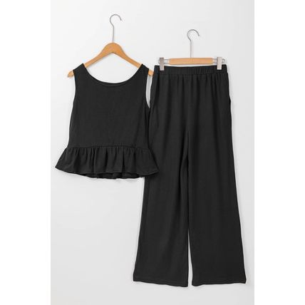 Black Solid Color Ribbed Ruffle Tank Top and Pants Set