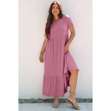 Pink Solid Color T-shirt High Waist Pocketed Long Dress