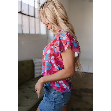 Rose Red Ruffled Sleeve Floral Blouse