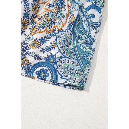 Blue Bohemian Paisley Floral V Neck Short Sleeve Mini Dress