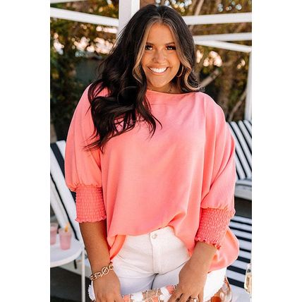 Blossom Shirred Cuffs Half Sleeve Plus Size Textured Blouse