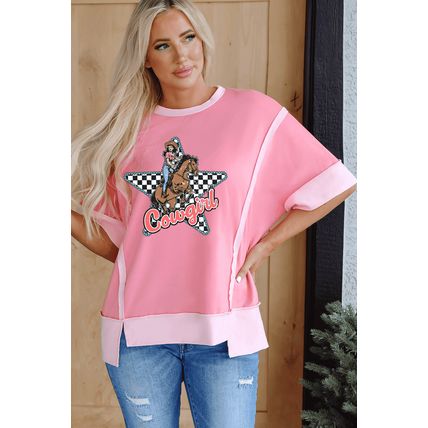 Peach Blossom Cowgirl Checkered Star Shape Print Exposed Seam T Shirt