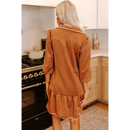 Desert Gold Quarter Zip Collar Bracelet Sleeve Textured Mini Dress