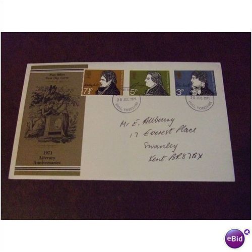 1971 GB Literary Anniversaries stamps Post Office FDC Hull cancel