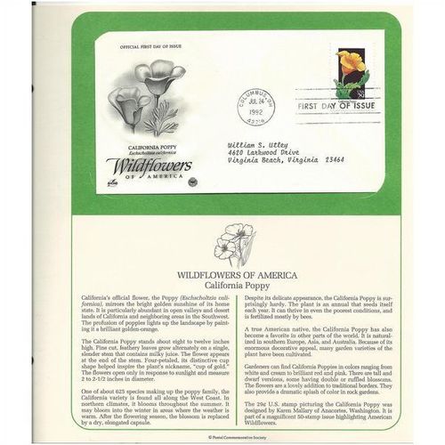 WILDFLOWERS OF AMERICA : CA POPPY ' OFFICIAL FIRST DAY of ISSUE ' (1992)