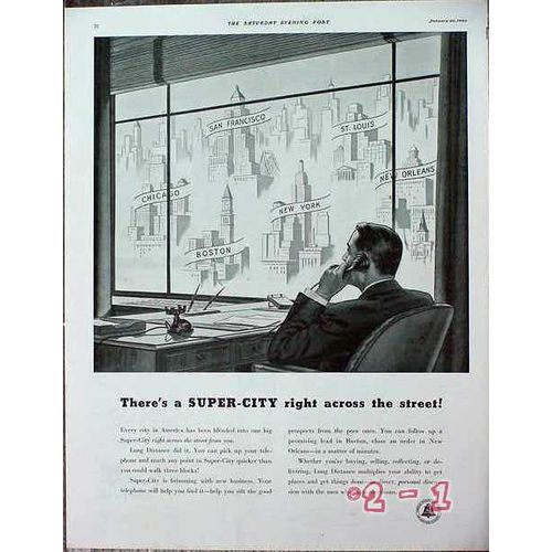 AMERICAN TELEPHONE TELEGRAPH 1940 super city across street vintage ad