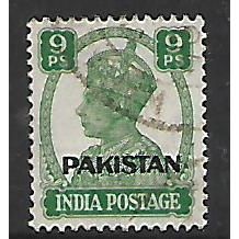 PAKISTAN 1947 KING GEORGE VI 9p GREEN OPT PAKISTAN SG3 FINE USED#2