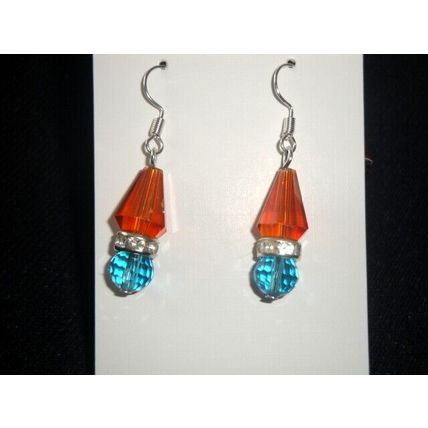 Orange cone with blue & clear crystal glass small drop elegant earrings