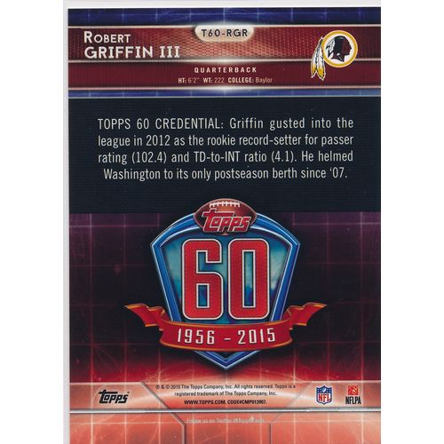 2015 Topps Football 60th Anniversary T60-RGR Robert Griffin III Redskins
