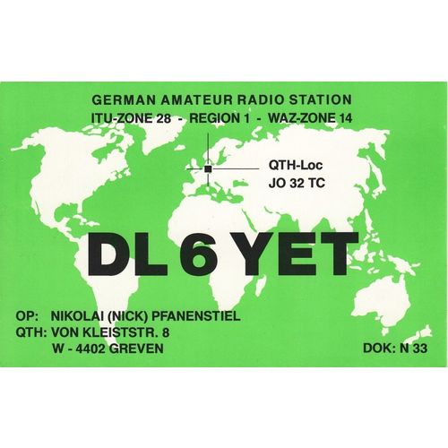 German Amateur Radio QSL Card DL6YET Greven Germany Pfanenstiel 1996