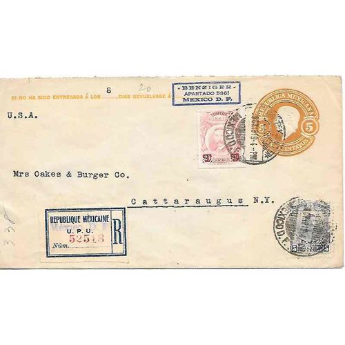 Mexico Postal Sta, Mexico City to NY USA, UPU Type REGISTERED Label 1919