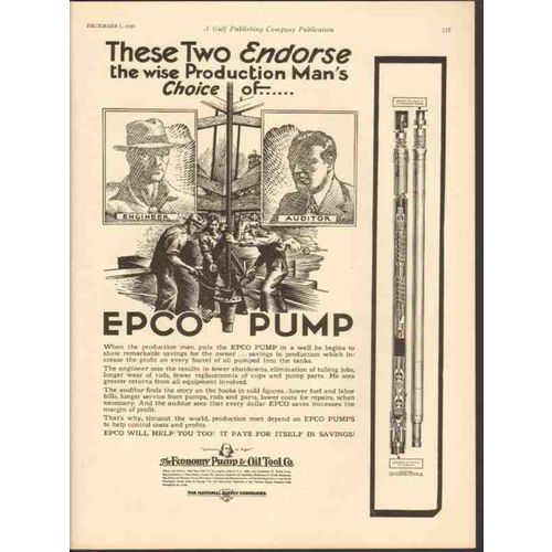 ECONOMY PUMP OIL TOOL CO 1930 these two endorse EPCO oil vintage ad
