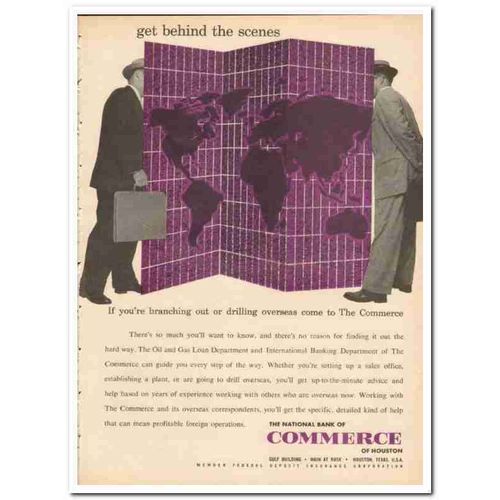 NATIONAL BANK OF COMMERCE 1959 Houston TX behind scenes oil vintage ad