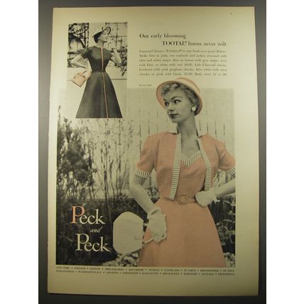 1954 Peck and Peck Fashion Ad - Our early blooming Tootal linens never wilt