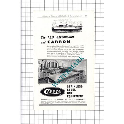 TSS Oxfordshire Ship Carron Company / William Doxford Sunderland ADVERT - c.1957