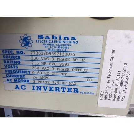 Sabina 77363/D9592130075 AC Inverter 7.5 HP 230 VAC 3 Ph,9592 SVC,77363,TN