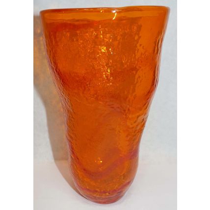 Vintage Orange Pebbled Glass Vase Or Tumbler With Red Swirl 7-1/4" Handblown