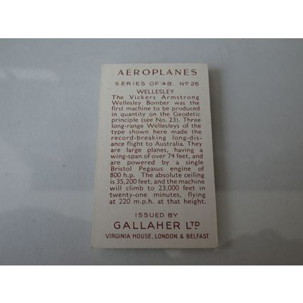 1939 Gallaher Aeroplanes Card # 26 of 48 Wellesley Very Good (3)