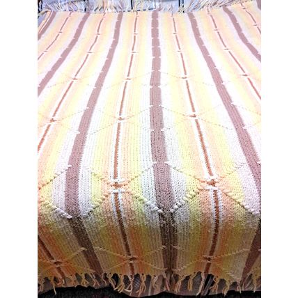 Crochet Vintage Handmade Afghan 48"x68" Pastel Peach Tan Yellow White Fringes