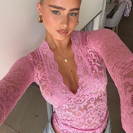 Slim Fit Tops Crop Lace See Through Deep V Neck Women's Tops Flare Sleeve