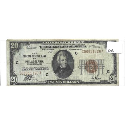 1929 National Currency $20.00 Philadelphia VF/XF