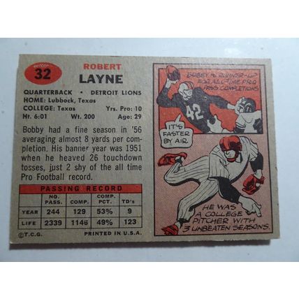 1957 Topps Football Card # 032 Bobby Layne Very Good (3) Detroit Lions