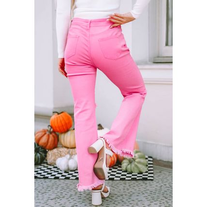 Pink Vintage High Waist Flare Leg Ripped Raw Hem Jeans