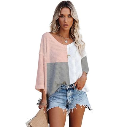 Multicolor Waffle Colorblock Long Sleeve Oversized Top