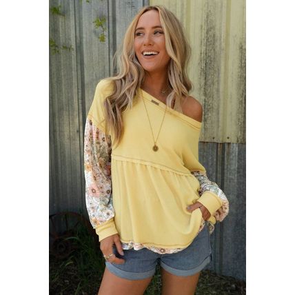 Yellow Floral Patchwork Waffle Knit Babydoll Blouse