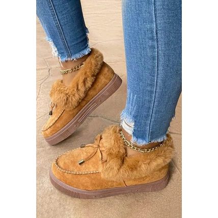 Brown Bow Decor Faux Suede Plush Lined Winter Flats