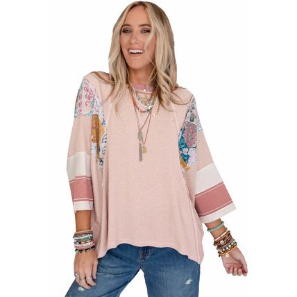 Pink Printed Pinstriped Color Block Patchwork Oversized Top