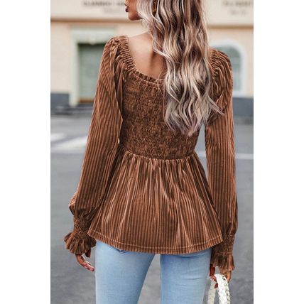 Chestnut Smocked Ribbed Velvet Babydoll Top