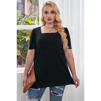 Black Plus Size Square Neck Ruched Shoulder Short Sleeve Top